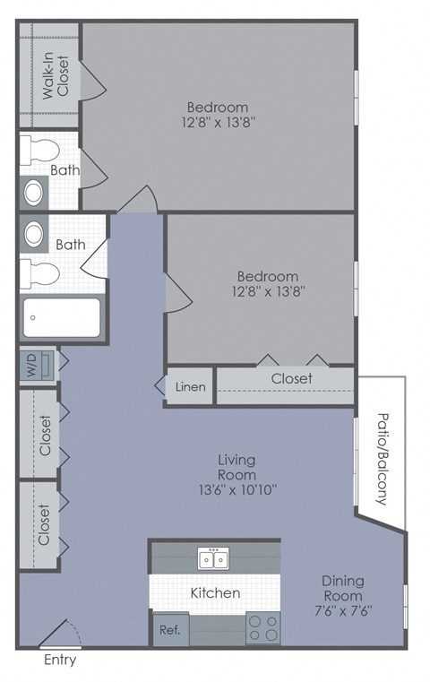2 Bedroom 1 Bath 2D floor plan at Glenwood.